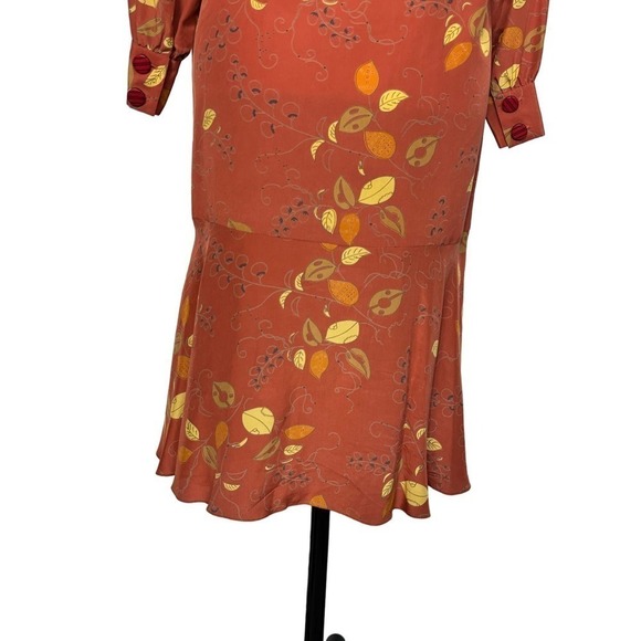 Vintage Charlotte Ford Retro 100% Silk Dress Tie Neck Collar Leaf  Rust Size 4 - Picture 4 of 12
